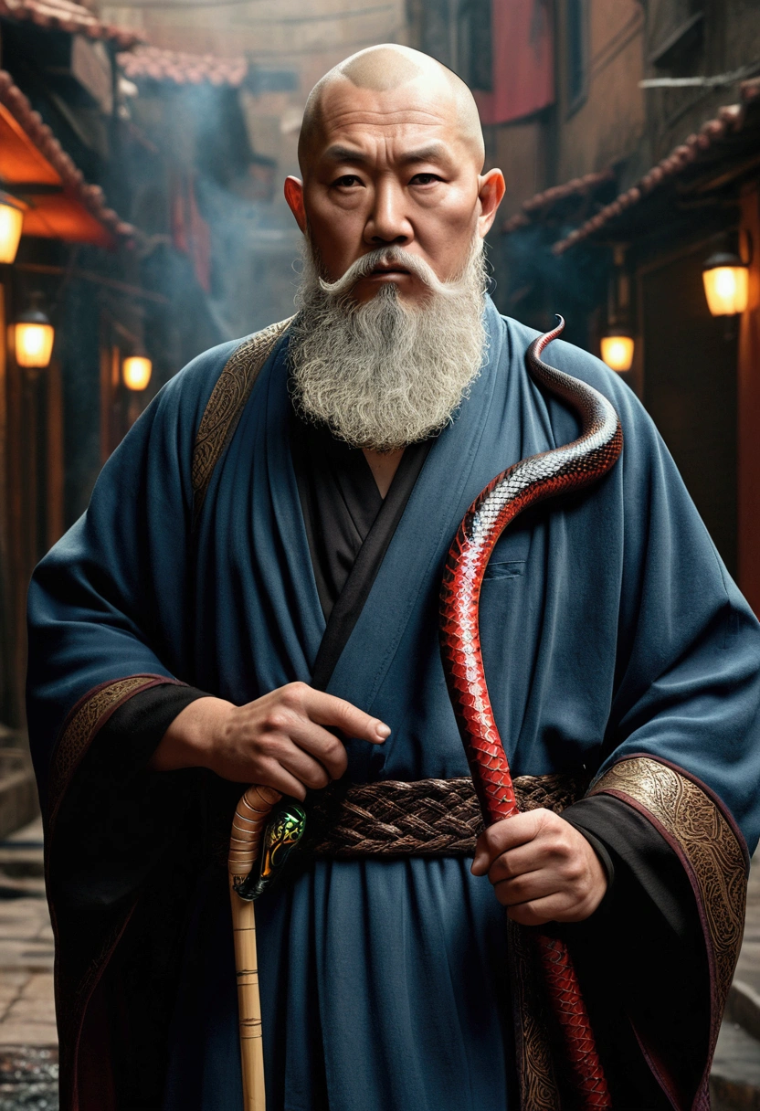 (Highest quality,4K,8k,High resolution,masterpiece:1.2),Very detailed,(Realistic,photoRealistic,photo-Realistic:1.37),anti hero,Skinhead,Short white beard,Middle-aged Asian man,The face is plump,Wizard Robe,black eye,Carrying a walking stick,A large snake is wrapped around the walking stick,Electric current from the serpent's mouth,Grainy cityscape,Dark Alley,Mysterious Shadow,Spectacular Background,Smoke effect,Vibrant colors,Concept Artist,Moody lighting,superpower
