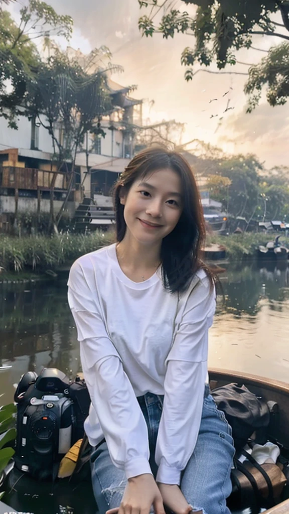 A beautiful woman with smooth white skin, Asian, laughing, cheerful, happy, wearing a white t-shirt, blue jeans, carrying a large camera, looking expensive, sitting on an old wooden boat. Watch fireflies in the canal at night. Fireflies are insects that glow. Fly low. Dim moonlight filters through the clouds. Soft moonlight. A dark night. Thick, black clouds. Only the fireflies glow slightly. that fly back and forth to that area There is a reflection in the water. In a canal with calm water like a mirror, Thai landscape, 32K high resolution.