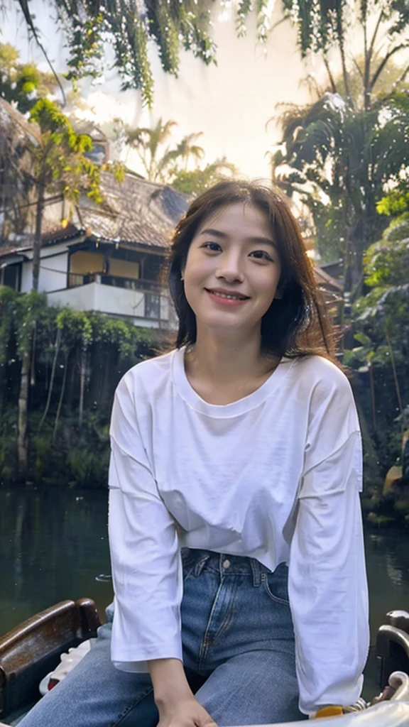 A beautiful woman with smooth white skin, Asian, laughing, cheerful, happy, wearing a white t-shirt, blue jeans, carrying a large camera, looking expensive, sitting on an old wooden boat. Watch fireflies in the canal at night. Fireflies are insects that glow. Fly low. Dim moonlight filters through the clouds. Soft moonlight. A dark night. Thick, black clouds. Only the fireflies glow slightly. that fly back and forth to that area There is a reflection in the water. In a canal with calm water like a mirror, Thai landscape, 32K high resolution.
