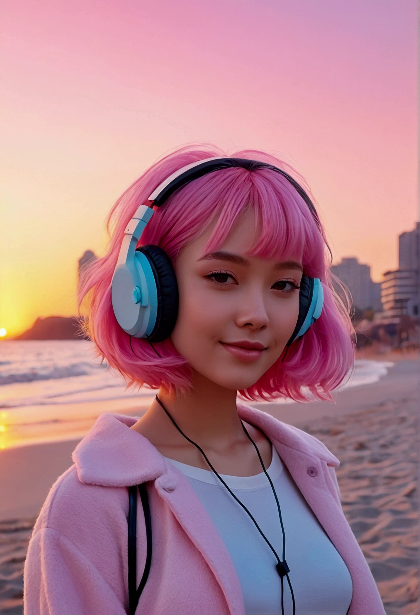 masterpiece, City Pop Style, Pink Hair, fluffy bob cut, Shoulder length, alone, Wear headphones, Futuristic yet lo-fi, Retro, Vintage, Ghost, A light smile, Sunset Beach (( Wide Shot))