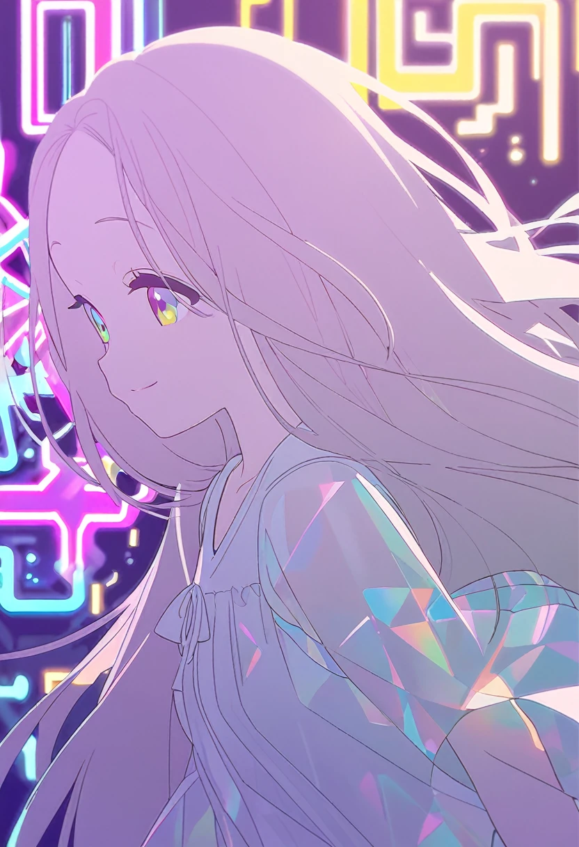 line art, iridescent neon light effect, 2.5D, delicate and dynamic, cute girl, straight hair, forehead, smile, loose summer dress, thin flat body line, cartoon-style images, shading, contrast magic, pale colors effects