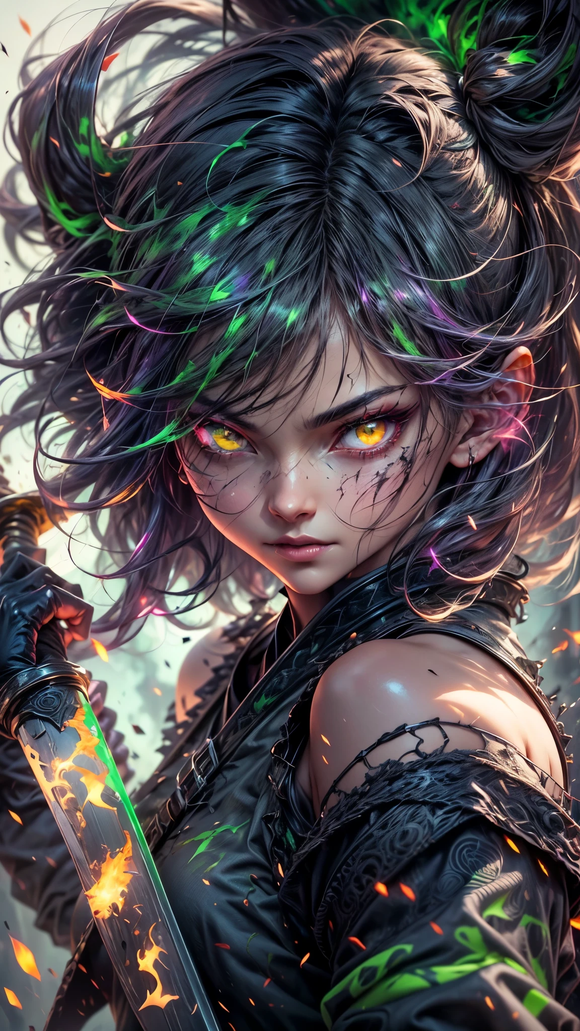 a young woman with pale skin, bright green eyes, green tied hair, beautiful and perfect demon face, concentrated expression, wearing loose and dark samurai clothing, holding a katana filled with green flames, surrounded by bright green flames, in a colorful and dynamic anime-style epic scene, with a floated and dark background, (best quality,4k,8k,highres,masterpiece:1.2),ultra-detailed,(realistic,photorealistic,photo-realistic:1.37),HDR,UHD,studio lighting,ultra-fine painting,sharp focus,physically-based rendering,extreme detail description,professional,vivid colors,bokeh