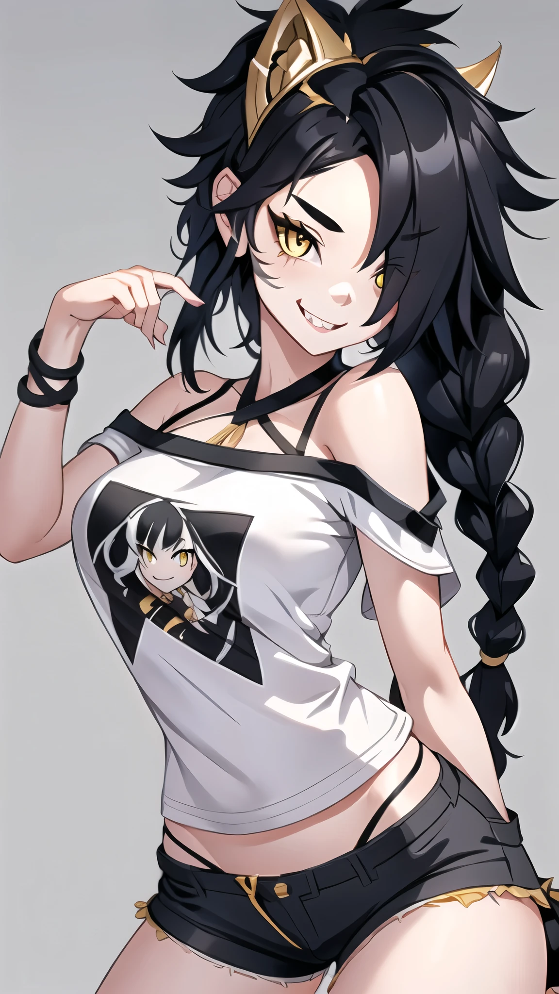 1girl, solo,  ultra long hair, looking at viewer, black hair, bandaid on face, yellow eyes, smile, bandaid on nose, braid, bandaid, ultra detailed face, masterpiece, bangs, breasts, fang, bare shoulders, scar, teeth, shirt, bare shoulders, white shirt, short sleeves, closed mouth, t-shirt, hair over one eye, portrait, bag, hair over shoulder, shorts, fullbody shot, cute, messy hair