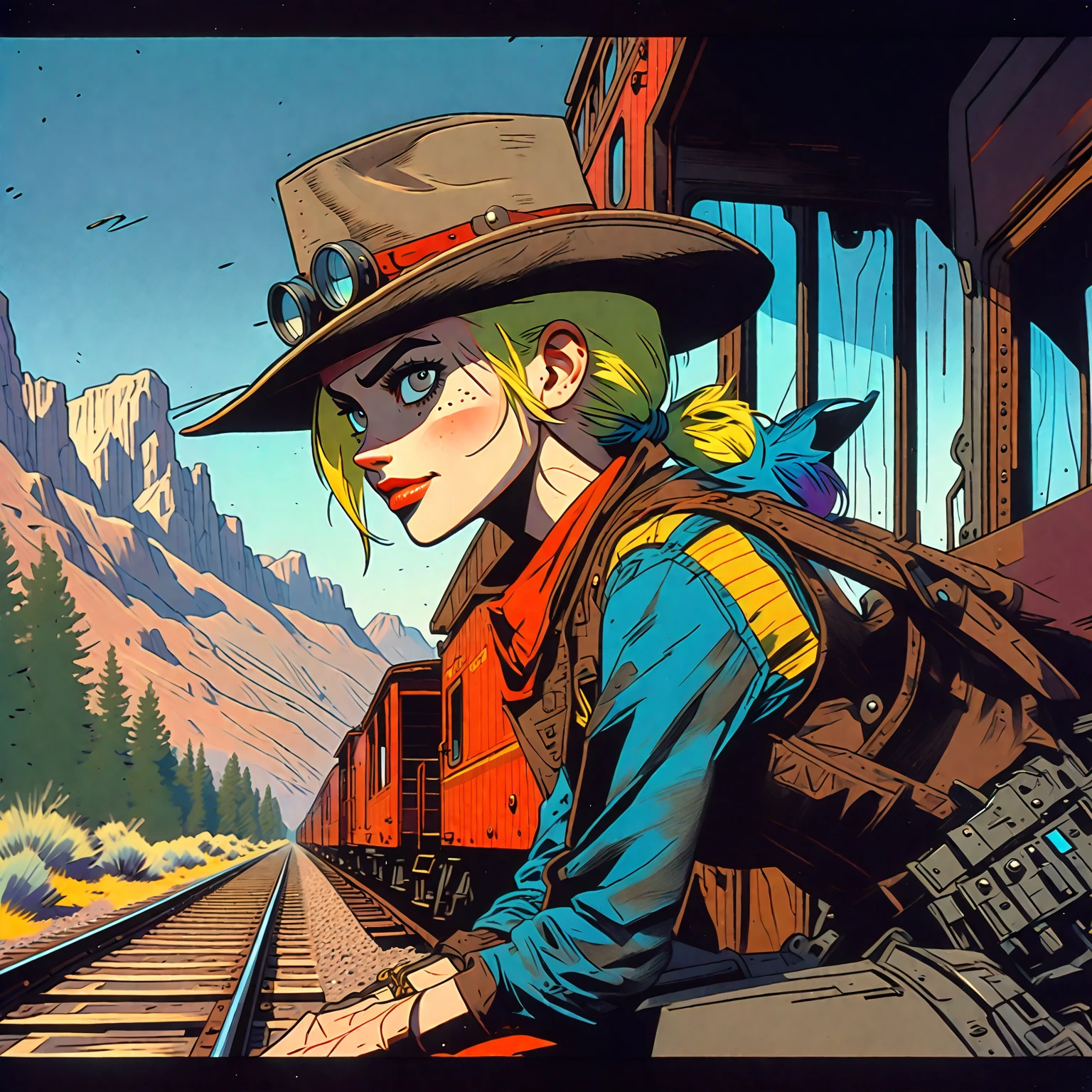 Tank Girl, riding the rear brakeman's end of the caboose, outfit distinct homage to cobow western, (jamie hewlett style reference), upclose zoom, portrait, candid, close-up of face, hand drawn, cartoon, animated, 1990's comic, (full roygbiv color) ink charcoal expressive illustration, sense of movement and energy as the train rides through the sierra ranges, background the western plains in the distance, no light source, darkness, light mask uv rays across face, absurd, with rich color grading, cel shading, warm and unified colors, rotoscope, animated, VHS, glitch, distorted, nostalgia, 90's retro vibe, hyper maximal, strange, hyperrealistic, rotoscope expressive ink bold line hand drawn, in a cinematic style, analog tape, vcr aesthetics, tv, television, hand drawn, minimal, precise,