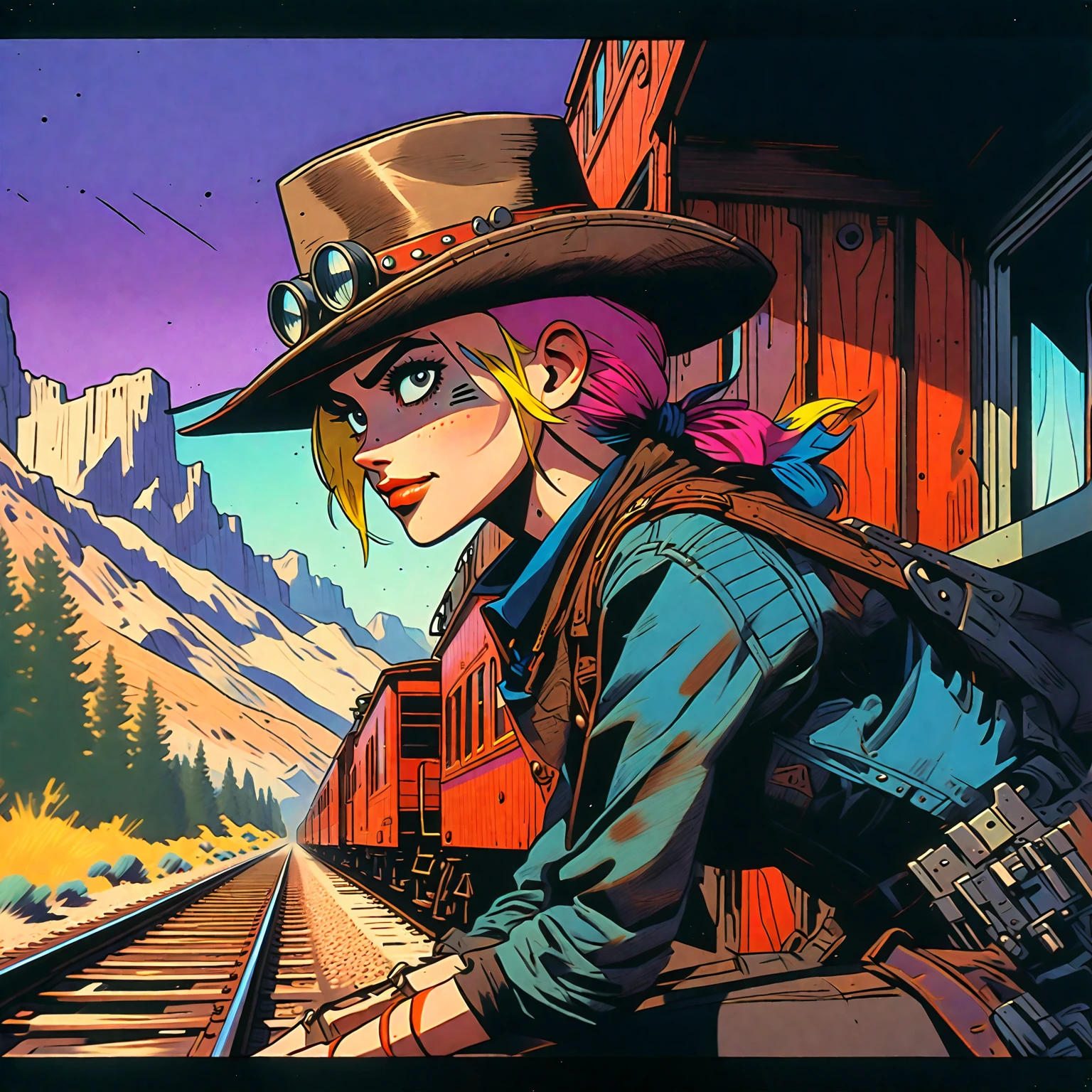 Tank Girl, riding the rear brakeman's end of the caboose, outfit distinct homage to cobow western, (jamie hewlett style reference), upclose zoom, portrait, candid, close-up of face, hand drawn, cartoon, animated, 1990's comic, (full roygbiv color) ink charcoal expressive illustration, sense of movement and energy as the train rides through the sierra ranges, background the western plains in the distance, no light source, darkness, light mask uv rays across face, absurd, with rich color grading, cel shading, warm and unified colors, rotoscope, animated, VHS, glitch, distorted, nostalgia, 90's retro vibe, hyper maximal, strange, hyperrealistic, rotoscope expressive ink bold line hand drawn, in a cinematic style, analog tape, vcr aesthetics, tv, television, hand drawn, minimal, precise, 
