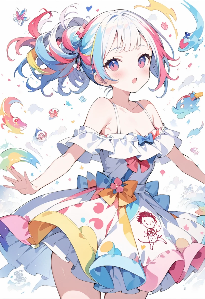 Momoko Sakura Style、8K quality、Intense watercolor, detailedな水彩アート, Watercolor splash, Surreal, Avant-garde pop art, Beautiful and expressive paintings, Beautiful artwork illustration, Very colorful tones, wonderful, Cool Beauty, Highest quality、Official Art, Vector art, Stylish design, (((The most beautiful 17 year old girl))),((Hairstyle with inner color)),((Off-the-shoulder dress)) (((Highest quality))), High resolution, ((detailed)), (((Doodle Art)), ((masterpiece)), ((Super detailed)),,,((Sexual)),(((Background white)))