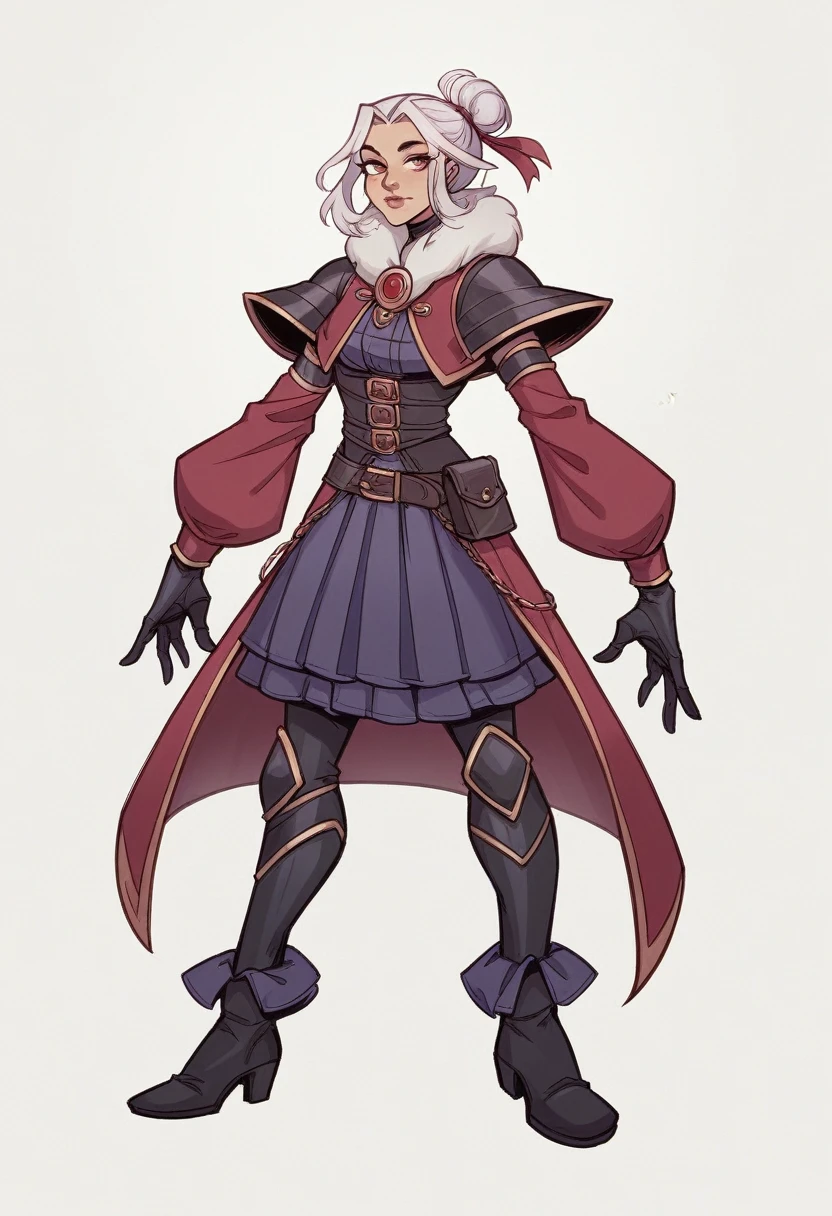 best qualityer,highy detailed,work of art,ultra detali,standing alone,(Delicphie Ojos),(White background:1.3),red Ojos,standing,beltskirt,[trench cophi:20],jewerly, wart_under_Ojo, gazing_phi_viewer, frilled_hair elastic,aretes