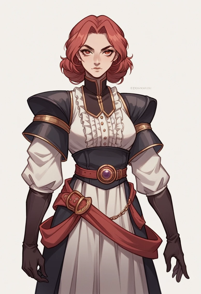 best qualityer,highy detailed,work of art,ultra detali,standing alone,(Delicphie Ojos),(White background:1.3),red Ojos,standing,beltskirt,[trench cophi:20],jewerly, wart_under_Ojo, gazing_phi_viewer, frilled_hair elastic,aretes