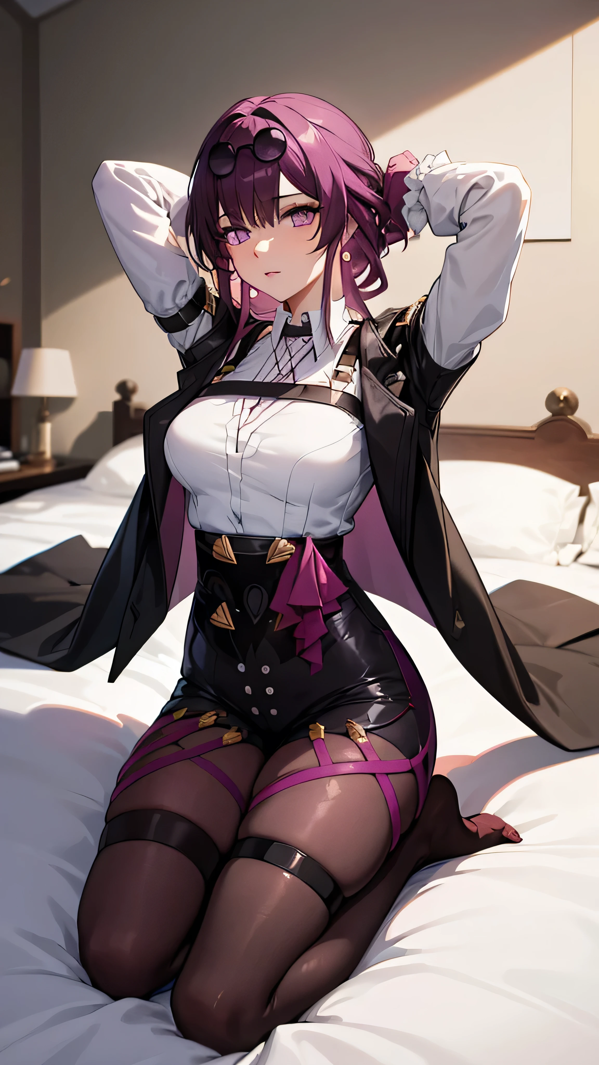 masterpiece, (detailed, highres, best quality), 1girl, kafkerdef, earrings, eyewear on head, sunglasses, white shirt, black jacket, long sleeves, purple gloves, shorts, pantyhose, thigh strap, seiza, arms behind head, bed