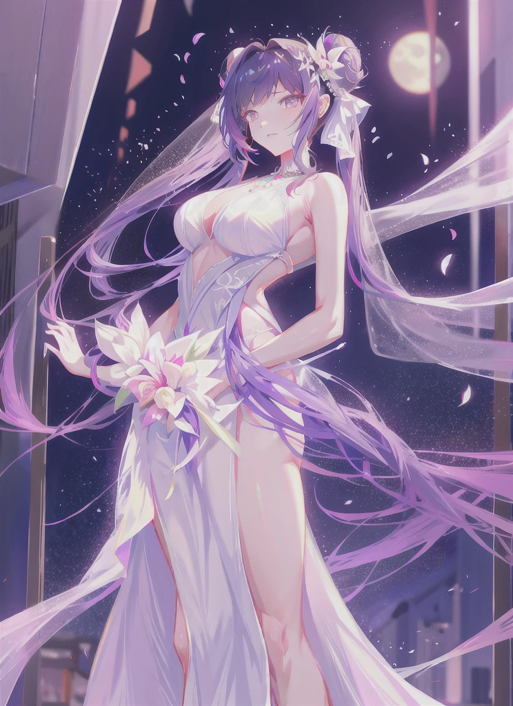 1girl, from below, standing, looking at viewer
keqing (genshin impact), hair bun, purple hair, (long twintails:1.2), purple eyes, diamond-shaped pupils, hair ornament, cone hair bun, long hair, double bun, bangs, bow, hair flower, hair bow, hair ribbon
(white wedding dress:1.3), wedding ring, bridal veil, white dress, white gown, very long dress,
