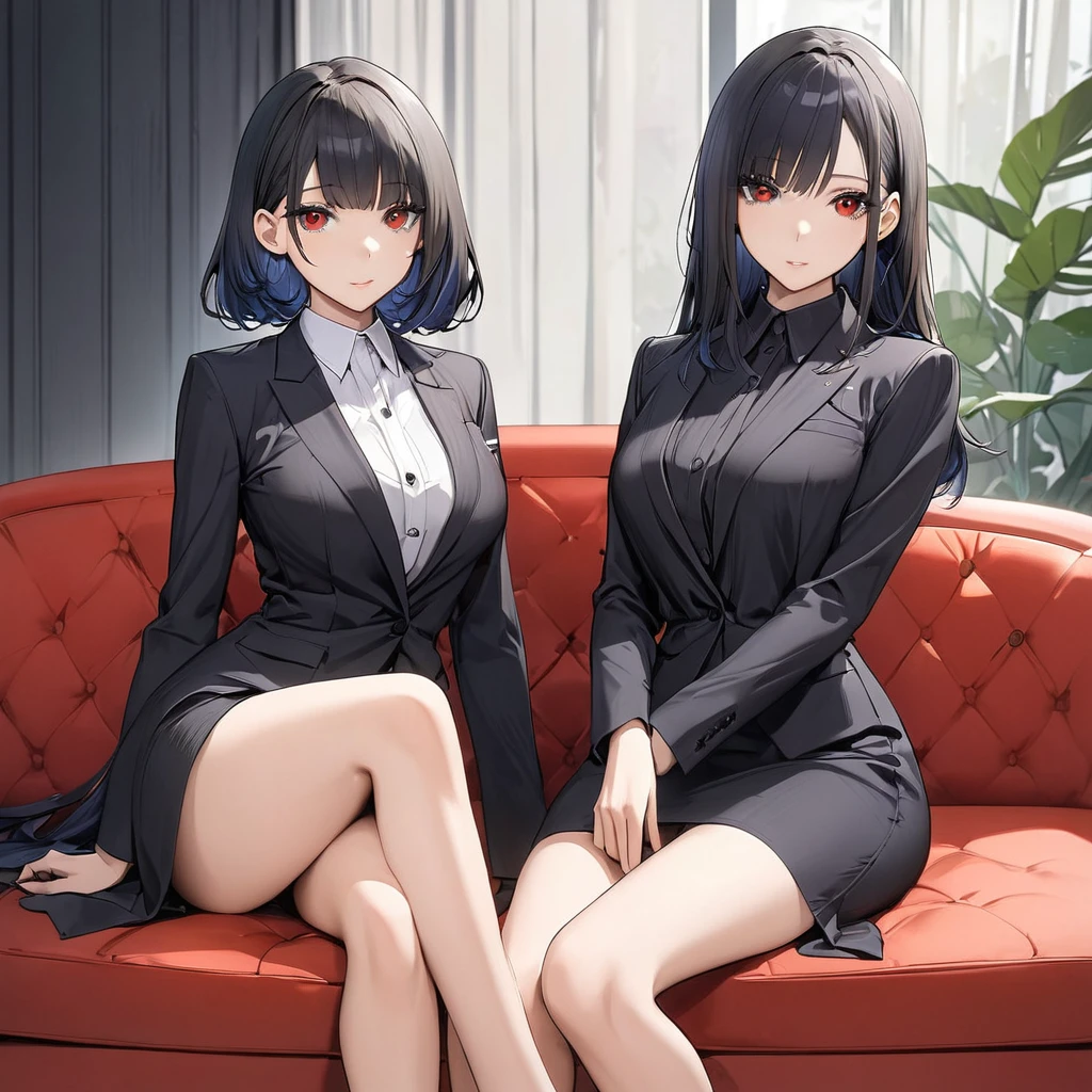 A Cute Woman with Long, silky black hair, left blue eyes, and right red eyes, perfectly symmetrical features, smooth skin, slim build, wears elegant clothes. She is sitting in a couch in a modern living room.