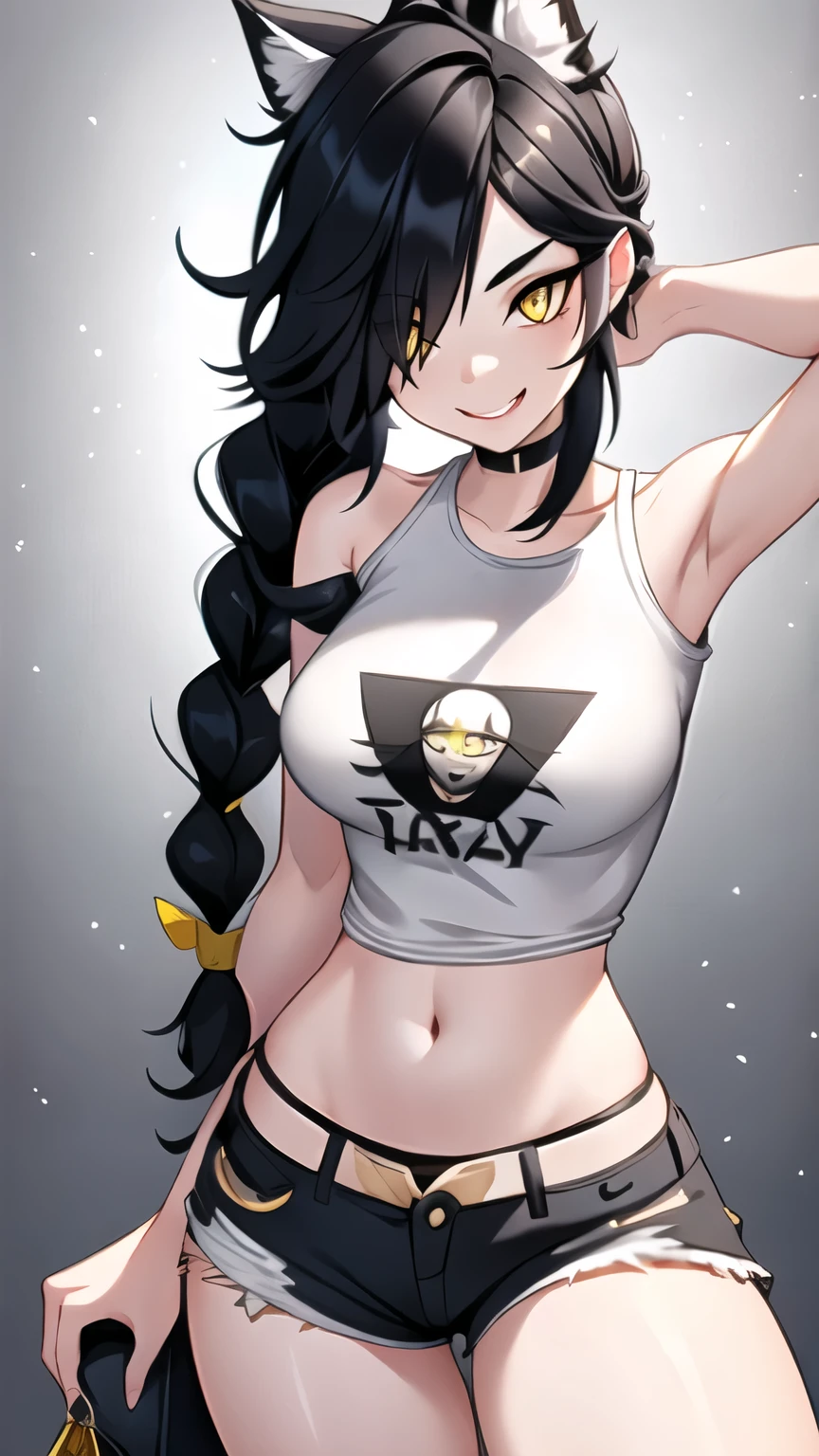 1girl, solo,  ultra long hair, looking at viewer, black hair, bandaid on face, yellow eyes, smile, bandaid on nose, braid, bandaid, ultra detailed face, masterpiece, bangs, breasts, fang, bare shoulders, scar, teeth, shirt, bare shoulders, white shirt, short sleeves, closed mouth, t-shirt, hair over one eye, portrait, bag, hair over shoulder, shorts, fullbody shot, cute, messy hair