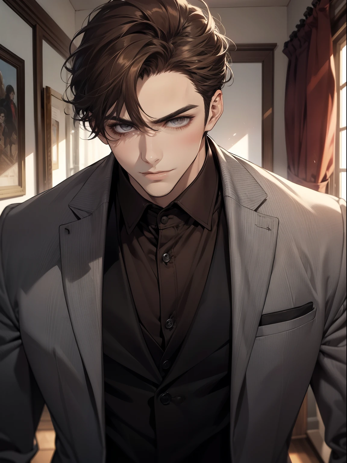 Masterpiece, Best quality, Realistic, 1 person, Mature male, Quiet and charming young man, 25 age old, Serious look, Closed mouth, Portrait, Extremely detailed face, cold smile, ((dark gray eyes)), ((Right sweep short dark brown hair)), [Thick eyebrows], ((suit)), Handsome, full bodyesbian, Western, Jewish, Light brown skin,Stand in front of the mirror，Organize your clothes