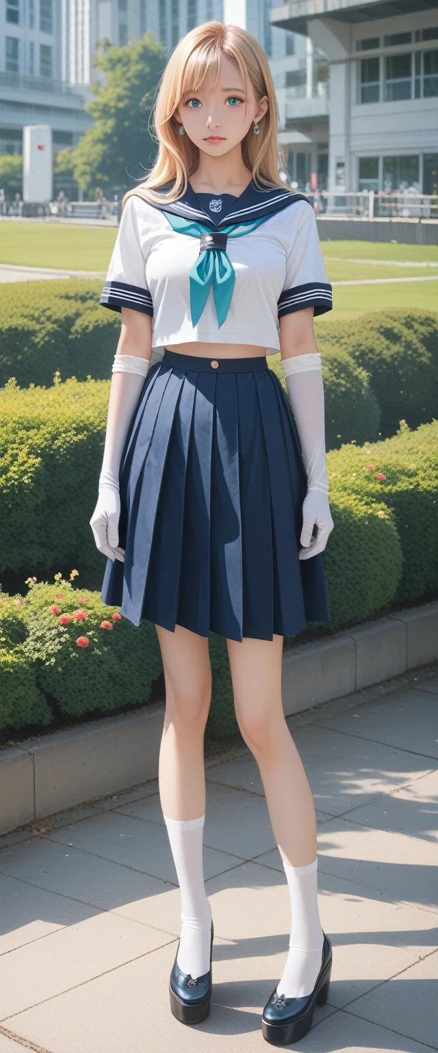 long hair,1 girl, sailor, Tsukino Usagi, (sailor chiseki uniform:1.2), (Aqua eyes:0.9), Blonde Hair, Medium Length Hair, Wedge Skirt, best quality, earrings, masterpiece, high resolution, Intricate details, (Practical)), photography, (White elbow gloves:1.1), Jewelry, Medium breasts, whole body, Dynamic Background, Dynamic poses, White
