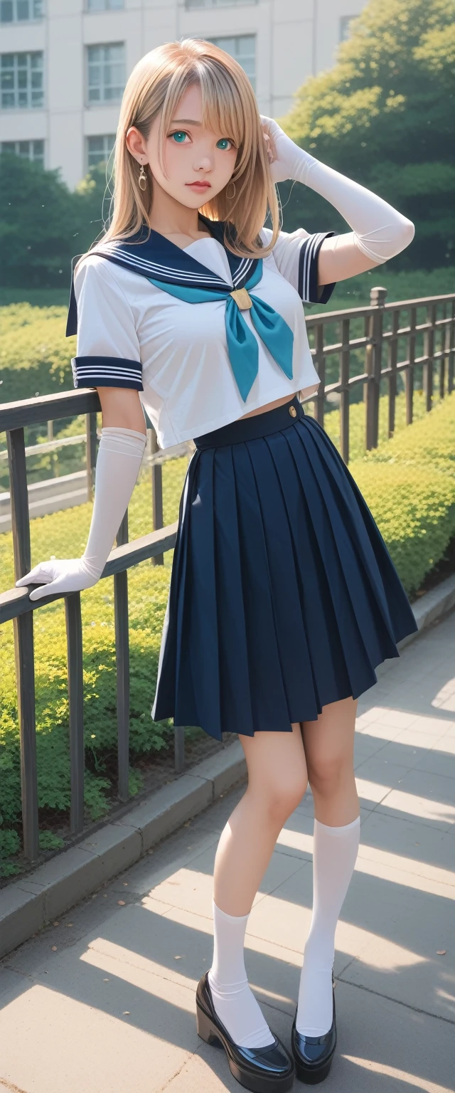 long hair,1 girl, sailor, Tsukino Usagi, (sailor chiseki uniform:1.2), (Aqua eyes:0.9), Blonde Hair, Medium Length Hair, Wedge Skirt, best quality, earrings, masterpiece, high resolution, Intricate details, (Practical)), photography, (White elbow gloves:1.1), Jewelry, Medium breasts, whole body, Dynamic Background, Dynamic poses, White