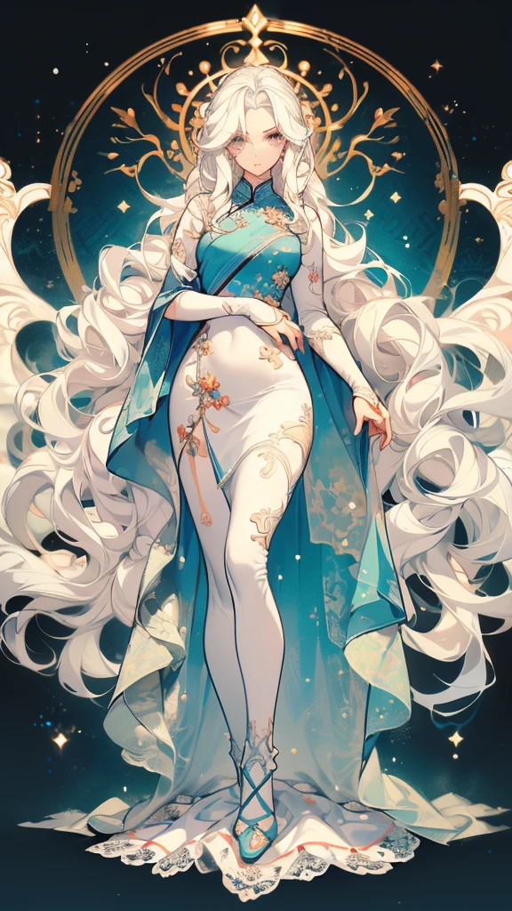 ((masterpiece, best quality)), Delicate face，Snake Woman，Full body painting，Perfect body proportions，Long legs，((Long wavy hair)), ((Half of her hair is white，The other half is cyan，Available in two colors))，beautiful eyes，Fantasy style，White background，transparent，cheongsam，Lace，