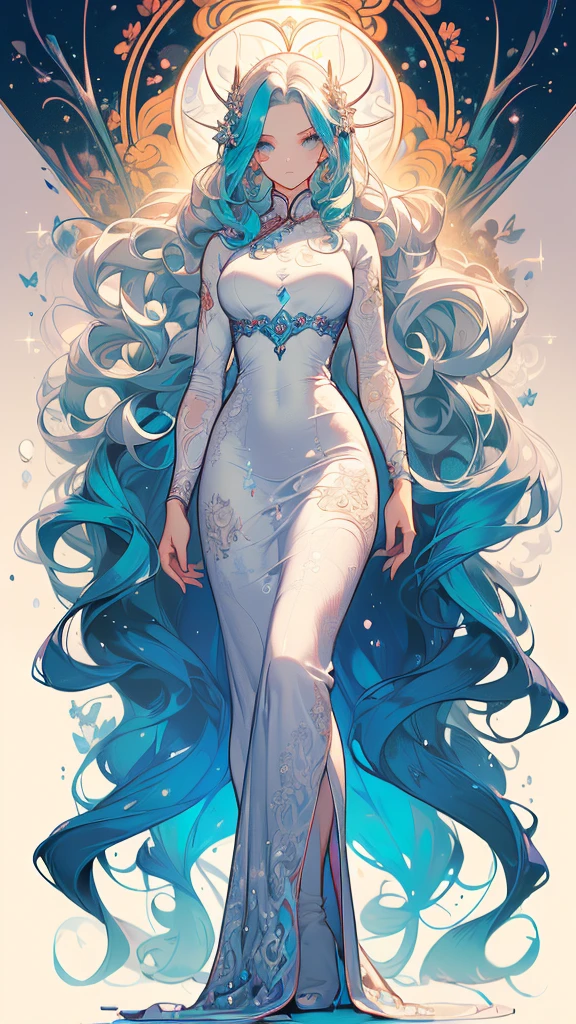 ((masterpiece, best quality)), Delicate face,Snake Woman,Full body painting,Perfect body proportions,Long legs,((Long wavy hair)), ((Half of her hair is white,The other half is cyan,Available in two colors)),beautiful eyes,Fantasy style,White background,transparent,cheongsam,Lace,