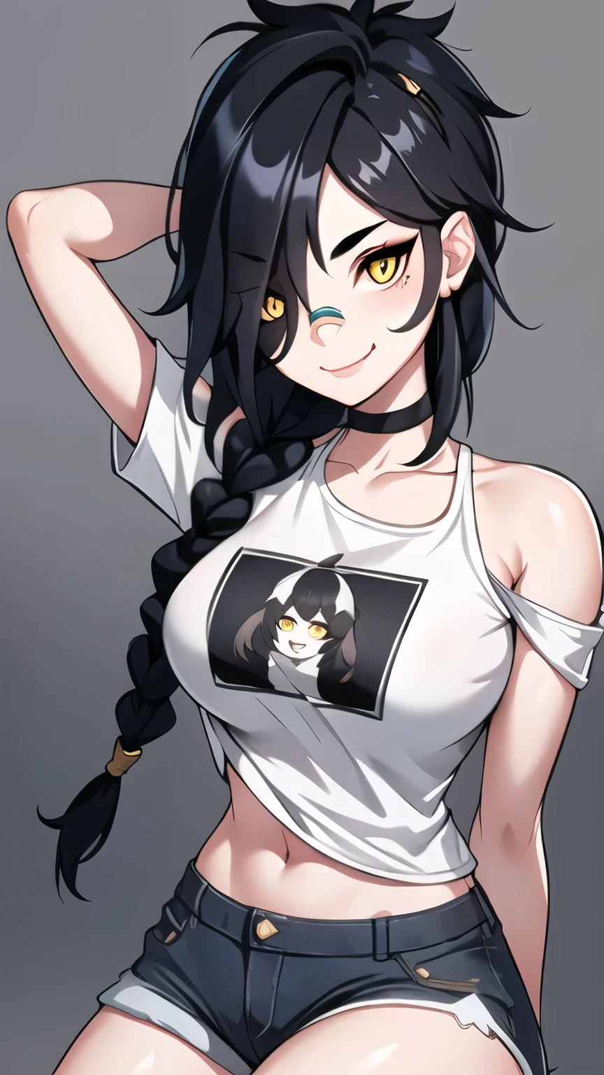 1girl, solo,  ultra long hair, looking at viewer, black hair, bandaid on face, yellow eyes, smile, bandaid on nose, braid, bandaid, ultra detailed face, masterpiece, bangs, breasts, fang, bare shoulders, scar, teeth, shirt, bare shoulders, white shirt, short sleeves, closed mouth, t-shirt, hair over one eye, portrait, bag, hair over shoulder, shorts, fullbody shot, cute, messy hair