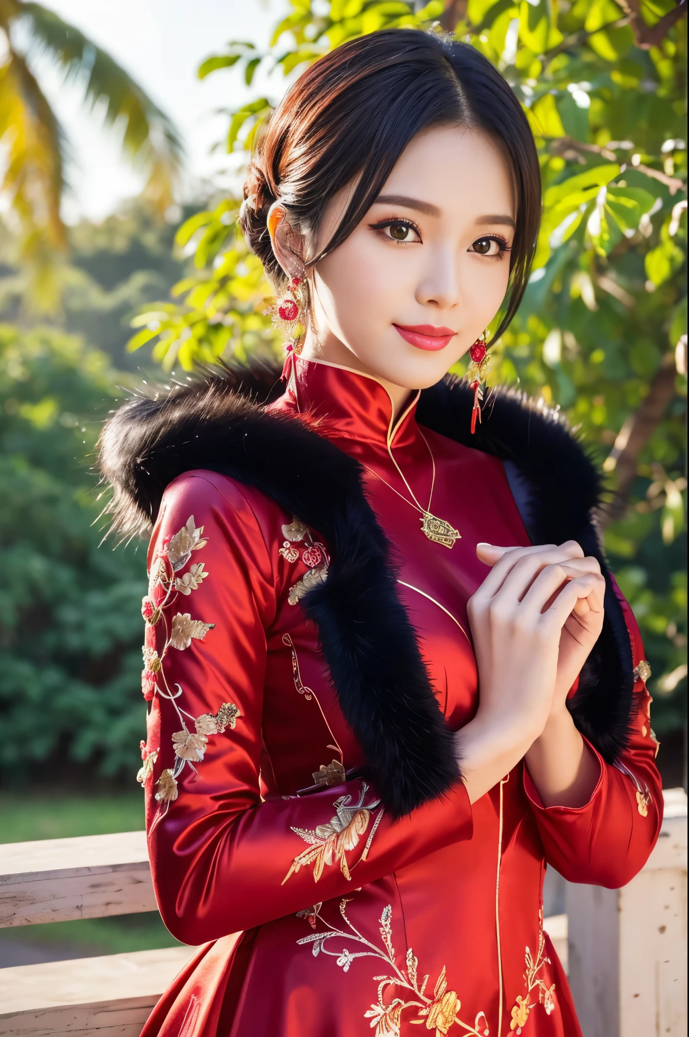 (masterpiece:1.4), (best quality:1.4), ultra high res, ultra high resolution, ((detailed facial features)), HDR, (realistic, photorealistic, photo-realistic:1.37), full body, sexy Vietnamese model, (-anime), only 1 model, vivid colors, very short hair, (beautiful smile), lip-gloss, long lashes, defined eyebrows, wearing large sparkling colorful jewelery, wearing a red silk Paradise Kiss cosplay dress with black floral embroidery, ((long fur vivid colors outfit)), vivid colors, look at the camera, cinematic light, large park background with trees, sweet and sexy pose