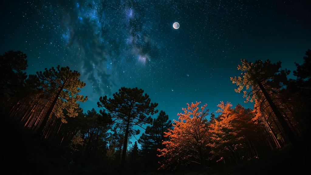 Vast landscape photography, (View from below。I can see the sky and the wilderness below.), Standing in a flower garden and looking up, (full moon: 1.2), (meteor: 0.9), (Star Cloud: 1.3), Fir Mountain, Treebreak Production Art, (warm ...