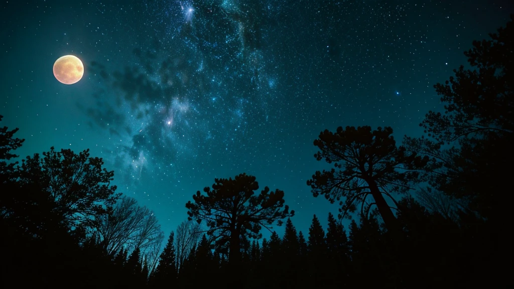 Vast landscape photography, (View from below。I can see the sky and the wilderness below.), Standing in a flower garden and looking up, (full moon: 1.2), (meteor: 0.9), (Star Cloud: 1.3), Fir Mountain, Treebreak Production Art, (warm ...