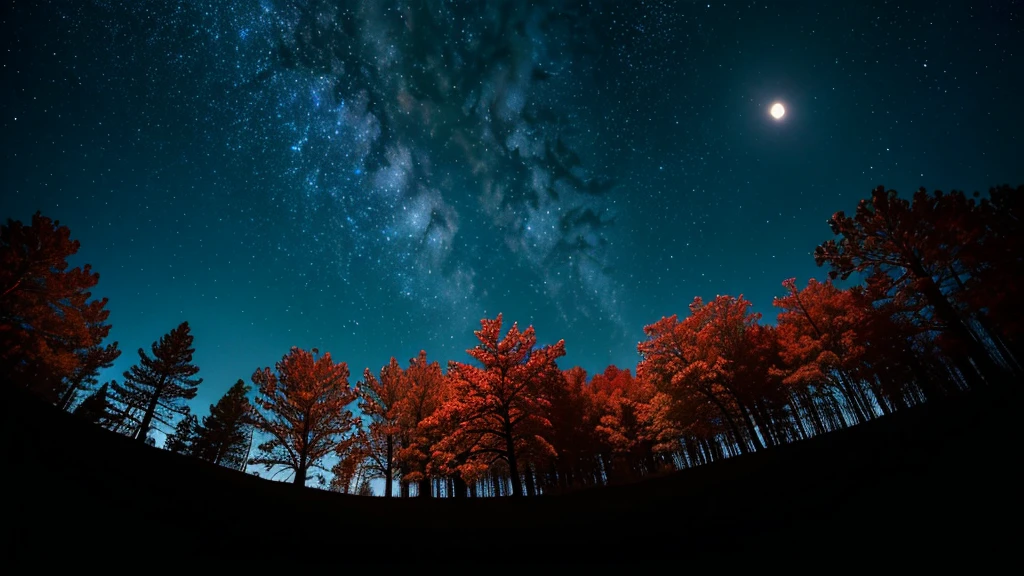 Vast landscape photography, (View from below。I can see the sky and the wilderness below.), Standing in a flower garden and looking up, (full moon: 1.2), (meteor: 0.9), (Star Cloud: 1.3), Fir Mountain, Treebreak Production Art, (warm ...