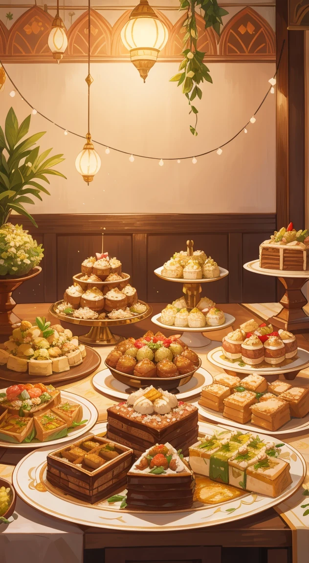 Depicting the sumptuous Eid al-Fitr delicacies, Including succulent lamb or goat dishes, Fragrant Rice, And a variety of delicious desserts,If baklava and mumm cake.