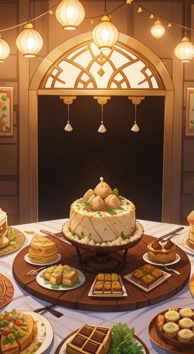 Depicting the sumptuous Eid al-Fitr delicacies, Including succulent lamb or goat dishes, Fragrant Rice, And a variety of delicious desserts,If baklava and mumm cake.