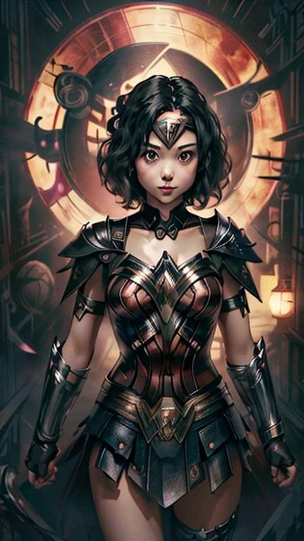 (8k),(masterpiece),(Japanese),(),((innocent look)),((Childish)),From the front,smile,cute,Innocent,Kind eyes,Flat chest,wonder woman,superhero,short,Black Hair,Strong wind,midnight,dark,gothicpunkai Gotham City,Gothic pink girl style,Cowboy shot, upper body