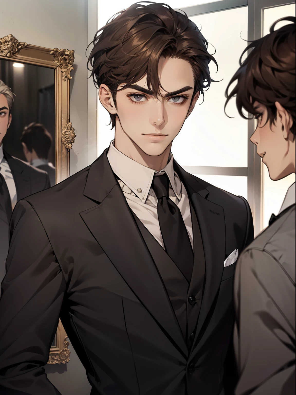 Masterpiece, Best quality, Realistic, 1 person, Mature male, Quiet and charming young man, 25 age old, Serious look, Closed mouth, Portrait, Extremely detailed face, cold smile, ((dark gray eyes)), ((Right sweep short dark brown hair)), [Thick eyebrows], ((suit)), Handsome, full bodyesbian, Western, Jewish, Light brown skin,Stand in front of the mirror，Organize your clothes