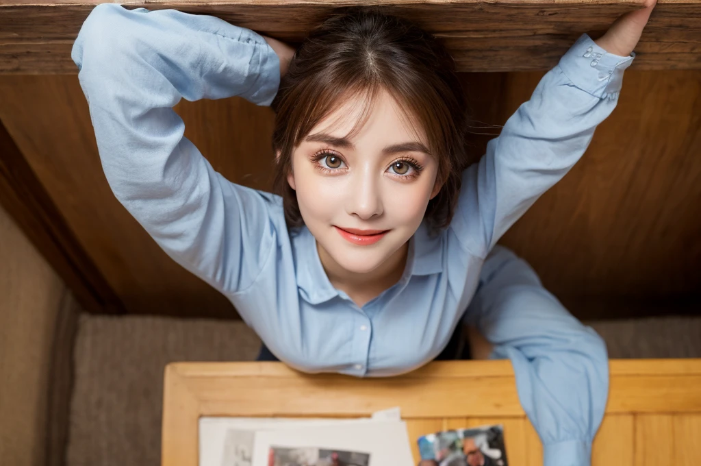 table top, highest quality, shape, Super detailed, finely, High resolution, 8k wallpaper, Perfect dynamic composition, beautiful and detailed eyes, small breasts, Natural color lip, random sexy pose,smile,20 year old girl、midnight、Beautiful and dense face、perfect and beautiful face,Big eyes、real photos(best image quality),dress(long sleeve/blouse)、shorts、Taken from above the knees、shot from below、Te