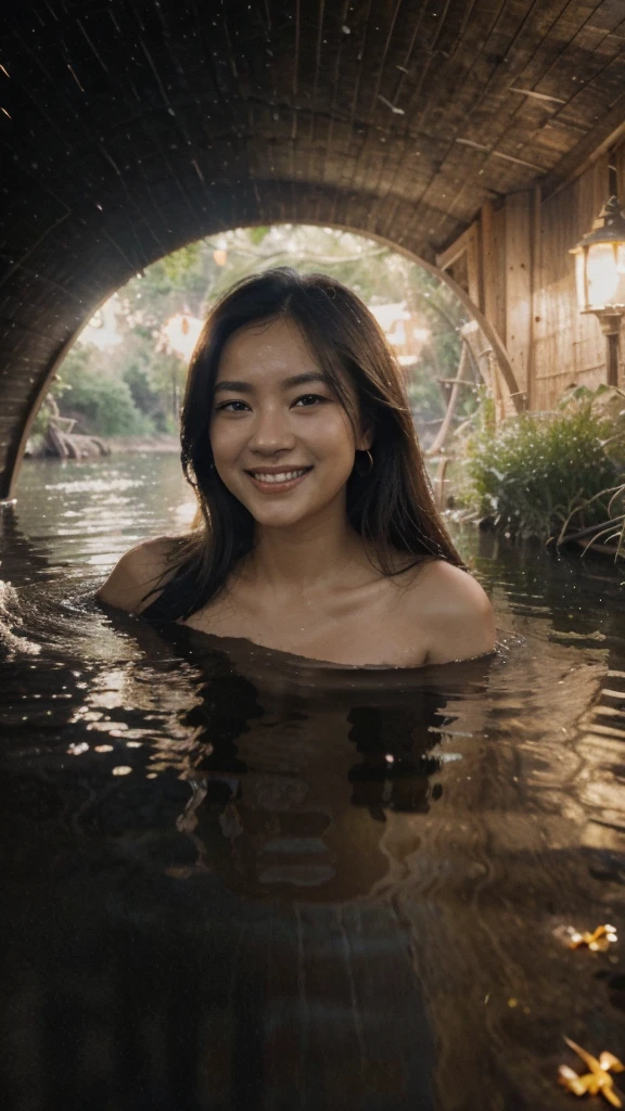 A beautiful woman with smooth white skin, Asian, laughing, cheerful, happy, wearing a white t-shirt, blue jeans, carrying a large camera, looking expensive, sitting on an old wooden boat. Watch fireflies in the canal at night. Fireflies are insects that glow. Fly low. Dim moonlight filters through the clouds. Soft moonlight. A dark night. Thick, black clouds. Only the fireflies glow slightly. that fly back and forth to that area There is a reflection in the water. In a canal with calm water like a mirror, Thai landscape, 32K high resolution. 