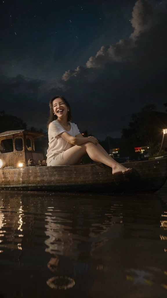 A beautiful woman with smooth white skin, Asian, laughing, cheerful, happy, wearing a white t-shirt, blue jeans, carrying a large camera, looking expensive, sitting on an old wooden boat. Watch fireflies in the canal at night. Fireflies are insects that glow. Fly low. Dim moonlight filters through the clouds. Soft moonlight. A dark night. Thick, black clouds. Only the fireflies glow slightly. that fly back and forth to that area There is a reflection in the water. In a canal with calm water like a mirror, Thai landscape, 32K high resolution.