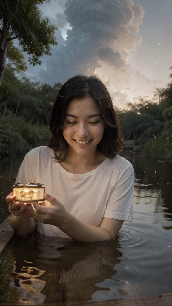 A beautiful woman with smooth white skin, Asian, laughing, cheerful, happy, wearing a white t-shirt, blue jeans, carrying a large camera, looking expensive, sitting on an old wooden boat. Watch fireflies in the canal at night. Fireflies are insects that glow. Fly low. Dim moonlight filters through the clouds. Soft moonlight. A dark night. Thick, black clouds. Only the fireflies glow slightly. that fly back and forth to that area There is a reflection in the water. In a canal with calm water like a mirror, Thai landscape, 32K high resolution.