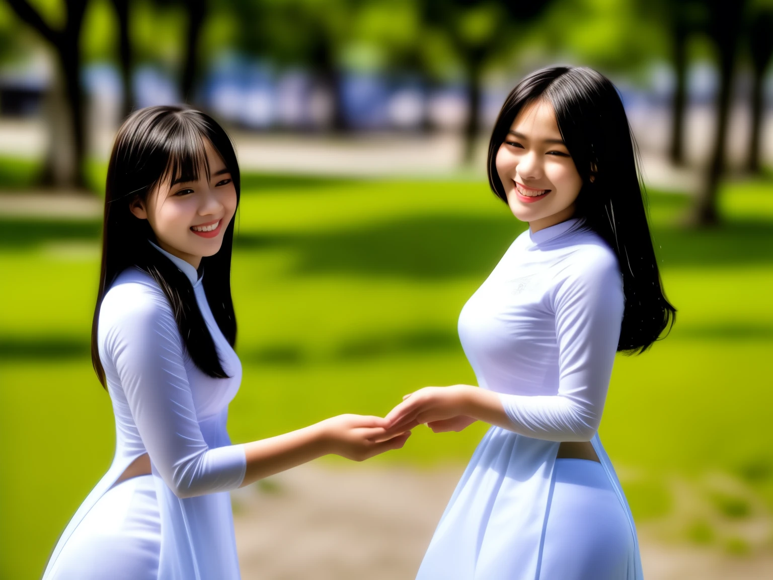 Raw photo , 1 girl , ((  in the park with friends )),Wearing white traditional uniform ,vietnam teen school girl, professional photographer, (hdr:1.4), masterpiece, ultra-realistic 8k, perfect artwork, intrincate details, cute face, award winning photograph, (Best quality, 8k, 32k, Masterpiece, UHD:1.3) ,