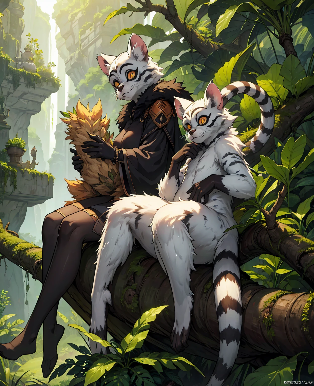 lemur, photorealistic, detailed fur, realistic eyes, long tail, sitting on branch, detailed environment, detailed foliage, natural lighting, highly detailed, 4k, best quality, hyperrealistic, intricate details, vibrant colors, lush landscape, atmospheric, cinematic composition, studio lighting