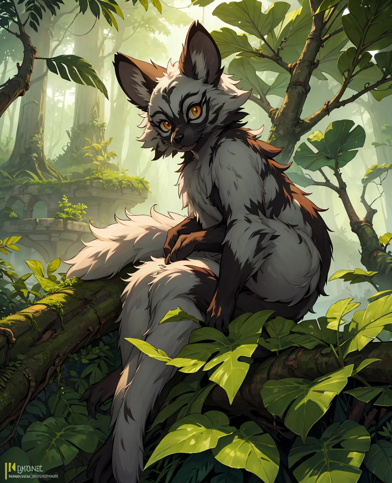 lemur, photorealistic, detailed fur, realistic eyes, long tail, sitting on branch, detailed environment, detailed foliage, natural lighting, highly detailed, 4k, best quality, hyperrealistic, intricate details, vibrant colors, lush landscape, atmospheric, cinematic composition, studio lighting