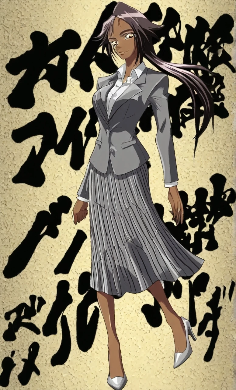 90s anime grown tall skinny black skinned female business woman in a grey pinstripe skirt suit wearing grey heels with cornrow hair full body
Pinstripe blaze and pinstripe skirt  
