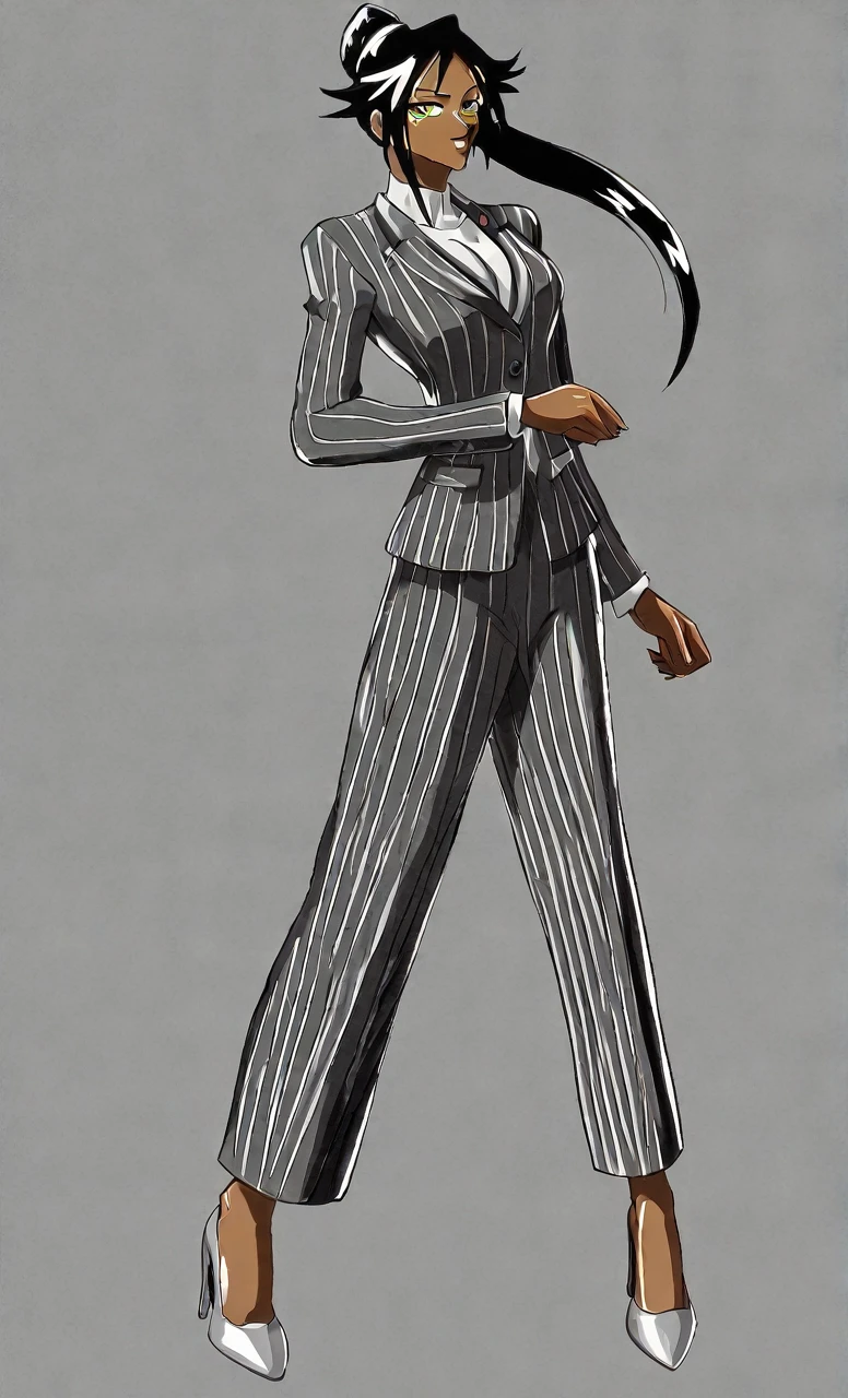90s anime grown tall skinny black skinned female business woman in a grey pinstripe skirt suit wearing grey heels with cornrow hair full body
Pinstripe blaze and pinstripe skirt