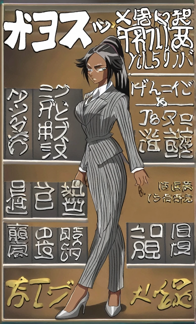 90s anime grown tall skinny black skinned female business woman in a grey pinstripe skirt suit wearing grey heels with cornrow hair full body
Pinstripe blaze and pinstripe skirt