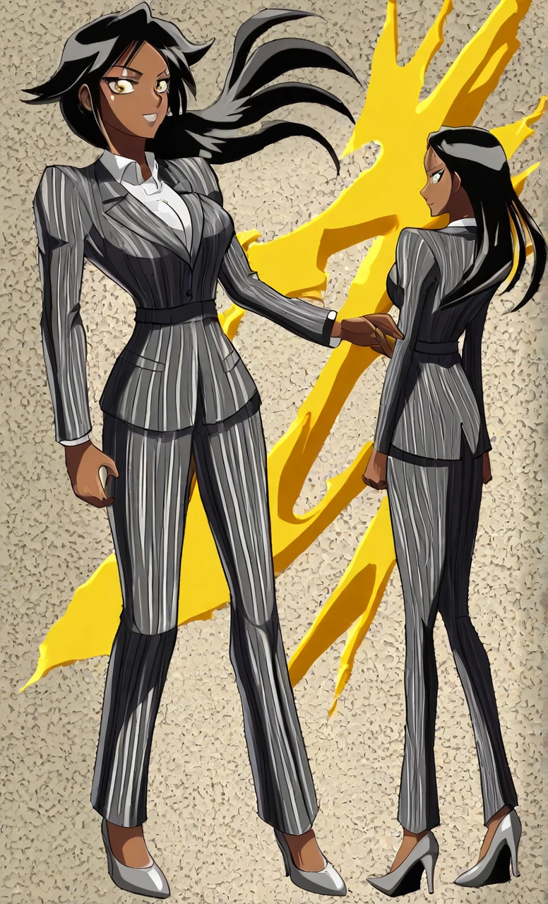 90s anime grown tall skinny black skinned female business woman in a grey pinstripe skirt suit wearing grey heels with cornrow hair full body
Pinstripe blaze and pinstripe skirt