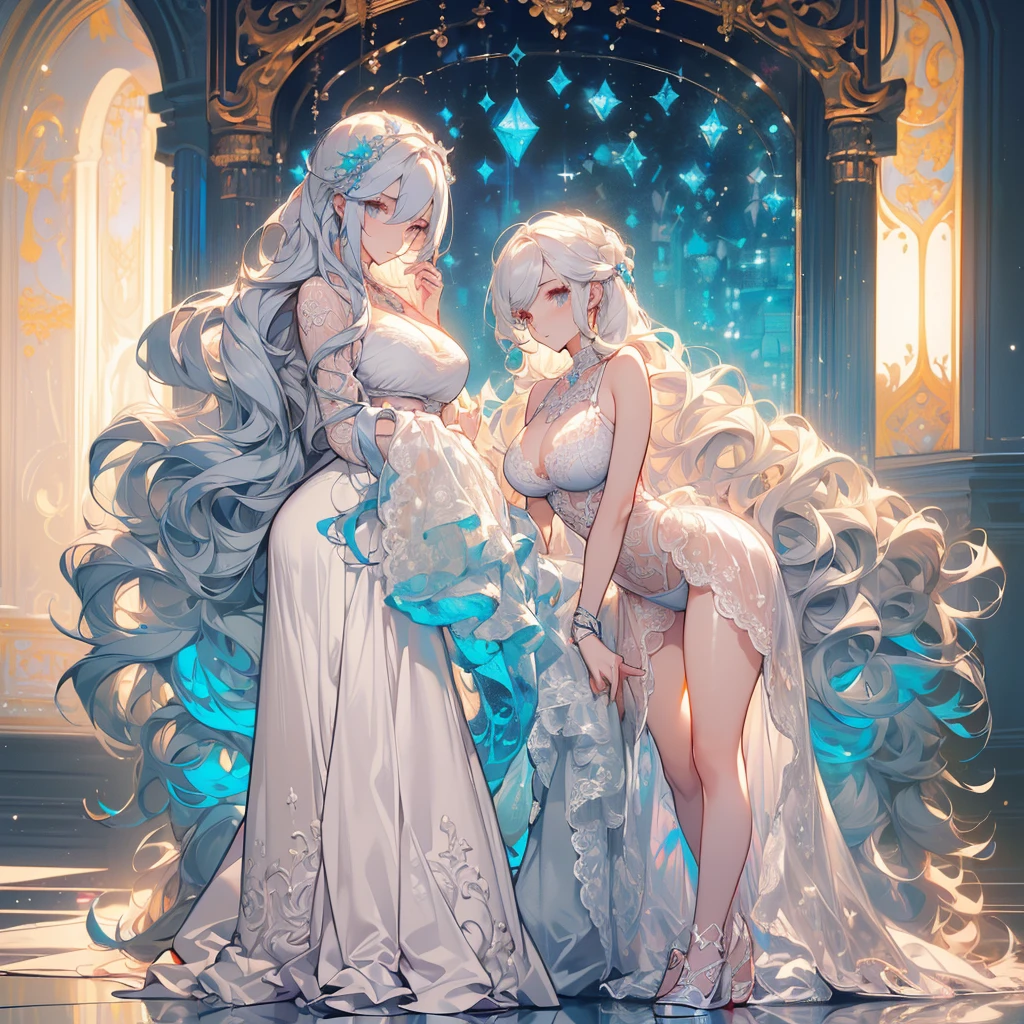 ((masterpiece, best quality)), Delicate face，Snake Woman，whole body，Perfect body proportions，Long legs，((Long wavy hair)), ((Half of her hair is white，The other half is cyan，Available in two colors))，beautiful eyes，Fantasy style，White background，transparent，Sexy Lingerie，Lace，