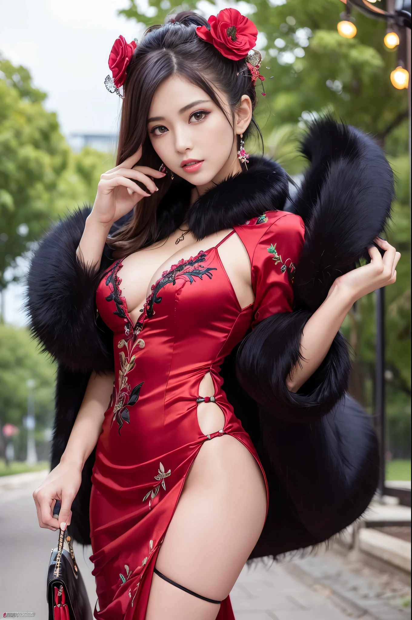 (masterpiece:1.4), (best quality:1.4), ultra high res, ultra high resolution, ((detailed facial features)), HDR, (realistic, photorealistic, photo-realistic:1.37), full body, sexy Vietnamese model, (-anime), only 1 model, vivid colors, very short hair, (beautiful smile), lip-gloss, long lashes, defined eyebrows, wearing large sparkling colorful jewelery, wearing a red silk Paradise Kiss cosplay dress with black floral embroidery, ((long fur vivid colors outfit)), vivid colors, look at the camera, cinematic light, large park background with trees, sweet and sexy pose