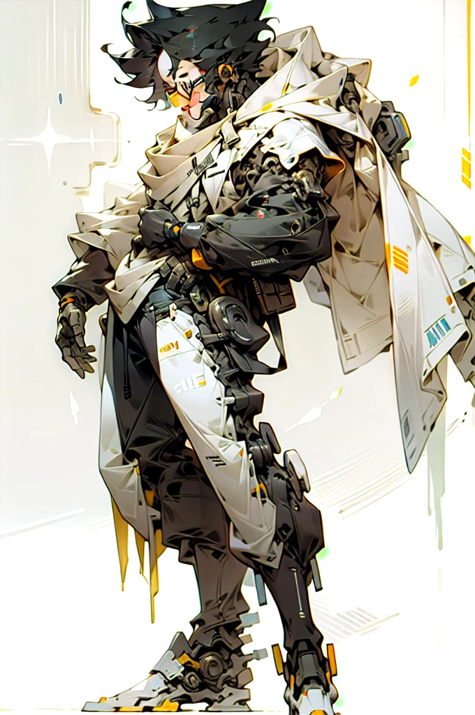 simple background, glasses, short hair, arm crossed, high quality, masterpiece, full body, mecha, cyborg