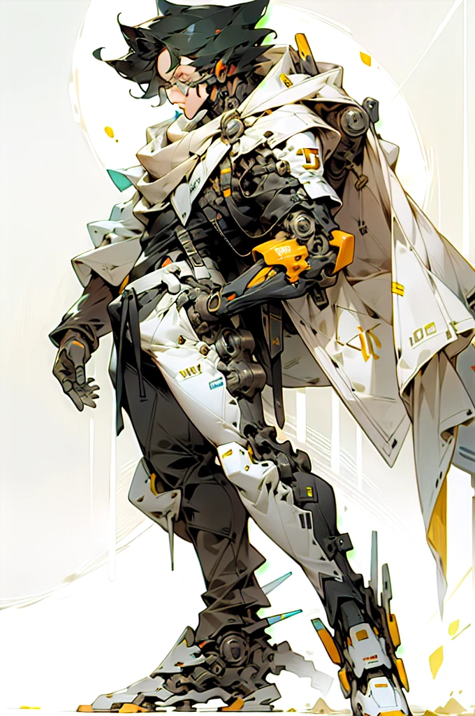 simple background, glasses, short hair, arm crossed, high quality, masterpiece, full body, mecha, cyborg