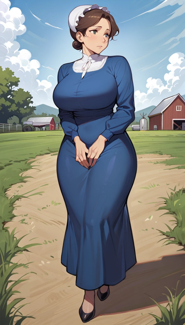 mature adult amish woman, 40 years old, pale skin, long sleeved blue dress, small black apron over her  blue dress, full body shown, very short brown hair in a conservative sleek bun, white bonnet kapp, wide hips, thick thighs, wearing simple black flats, thick legs, slightly below the knee dress, slight face wrinkles, tight sleeves, standing upright in a farm field, no makeup, round face, hands on lap, updo hairstyle, dress clings to hips