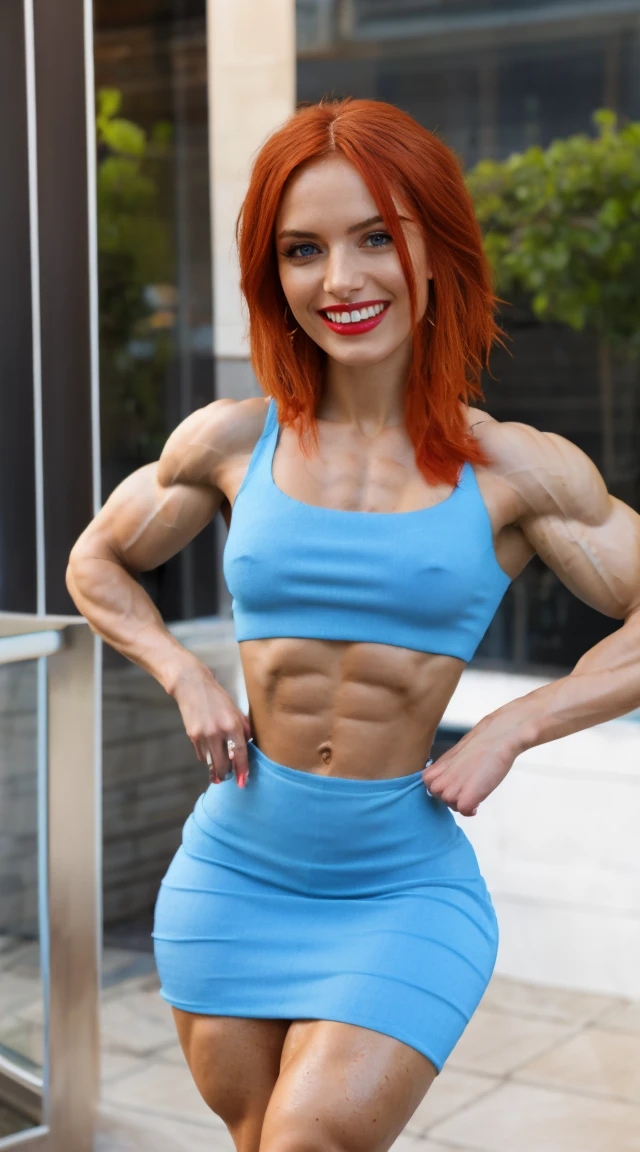 (Muscular:2.2), (thick thighs:2.2),
(ginger girl:1.5), (red hair:1.6), (big smile:1.7),
(stud earrings, lipstick, eyeshadow:1.2),
(hard nipples:1.2),
choker, (blue sundress, midriff:2), 
looking at viewer, (three quarter view:1.6), (upper body view:1.2), (standing up:1.2),
highrise living room, (nighttime:1.3), rim lighting, two tone lighting, dim lighting, soft lighting, bokeh, detailed skin, detailed eyes