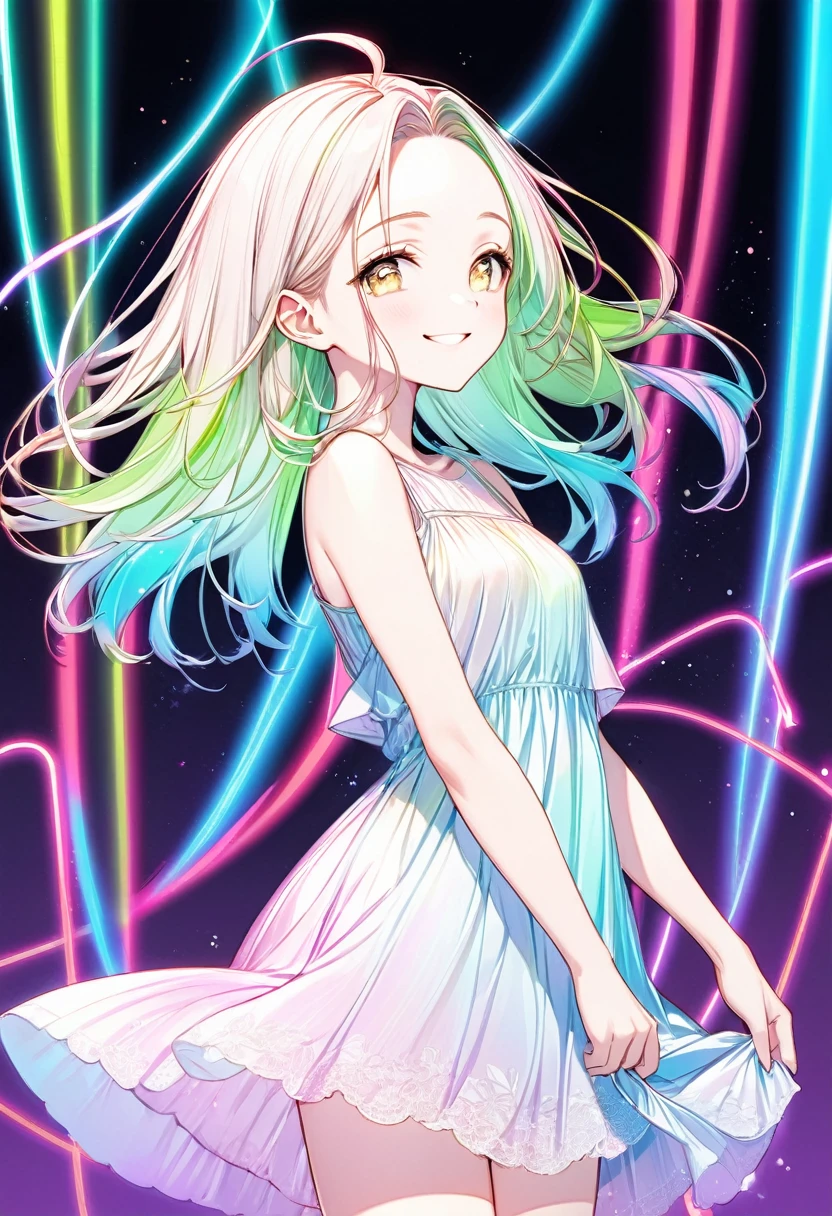 line art, iridescent neon light effect, 2.5D, delicate and dynamic, cute girl, straight hair, forehead, smile, loose summer dress, thin flat body line, cartoon-style images, shading, contrast magic, pale colors effects