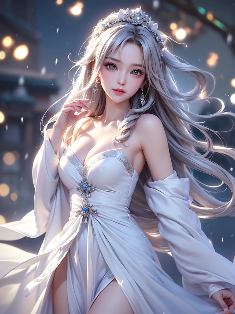 ((masterpiece:1.5、8k、Tabletop、フォトリアリスティックでVery detailedなCG、Very detailed、Particle Effects、Dynamic Effects、Written boundary depth、Cinematic Light、Lens flare、Ray Tracing、Tabletop、Realistic:1.4、Ultra-high resolution:1.2、Realistic、Realistic))((alone、,Woman wearing a white fur coat over an off-the-shoulder dress:1.4、Wear a long scarf、Elegant woman posing:、Detailed face、bright表情、young, bright, Whiter skin、Ample breasts、Best Looks、Ultimate beauty、Shiny silver hair with highlights、Bright and shiny hair,、Super long, Silky straight hair、Hair dancing in the wind))(morning、The setting is outdoors in the snow、Surrounded by illuminations)