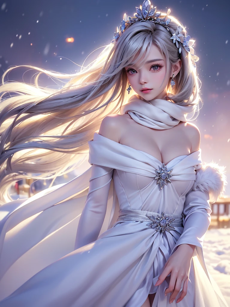 ((masterpiece:1.5、8k、Tabletop、フォトリアリスティックでVery detailedなCG、Very detailed、Particle Effects、Dynamic Effects、Written boundary depth、Cinematic Light、Lens flare、Ray Tracing、Tabletop、Realistic:1.4、Ultra-high resolution:1.2、Realistic、Realistic))((alone、,Woman wearing a white fur coat over an off-the-shoulder dress:1.4、Wear a long scarf、Elegant woman posing:、Detailed face、bright表情、young, bright, Whiter skin、Ample breasts、Best Looks、Ultimate beauty、Shiny silver hair with highlights、Bright and shiny hair,、Super long, Silky straight hair、Hair dancing in the wind))(morning、The setting is outdoors in the snow、Surrounded by illuminations)
